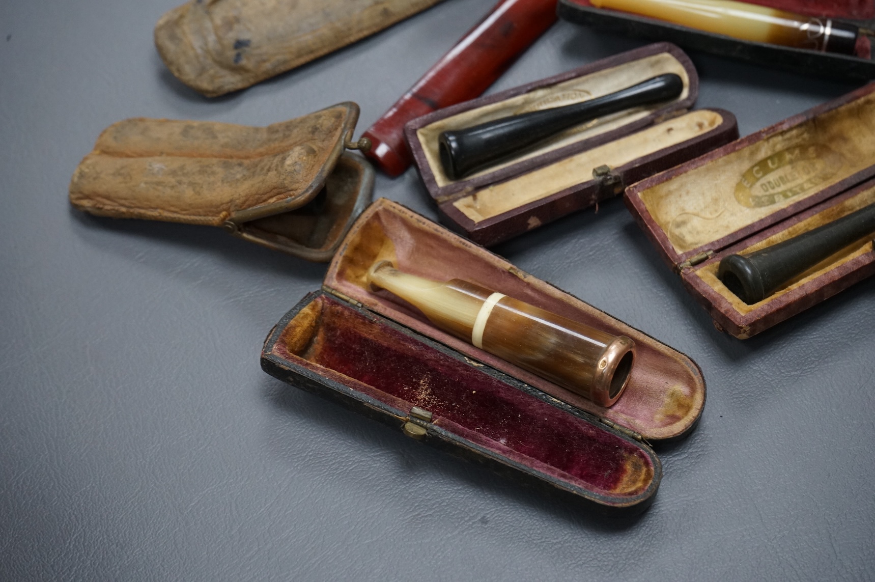 Twelve mixed cigarette and cheroot holders, some Cherry Amber, some with original cases